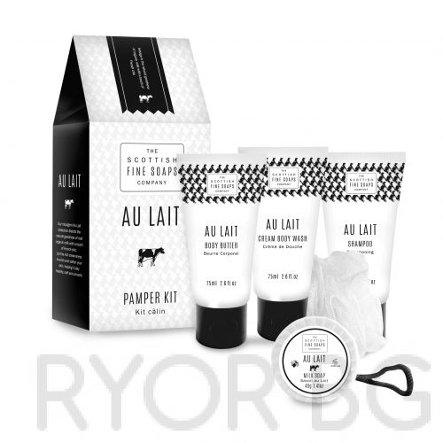 Комплект за баня Au Lait- Съдържа: Крем за тяло 75ml Крем душ гел 75ml  Шампоан 75ml Сапун с мляко 40g Гъба за тяло 